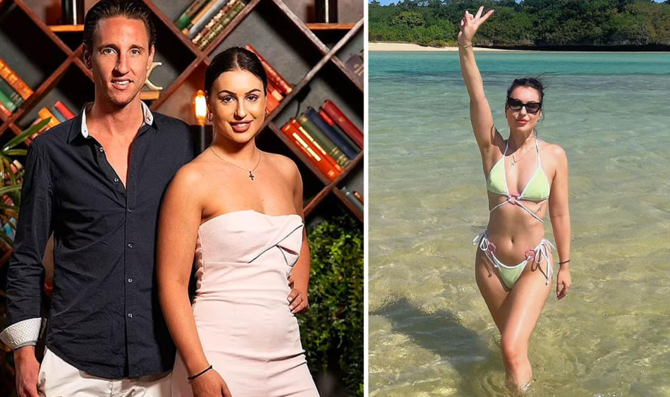 On the left, Aleks Markovic and her on-screen partner on MAFS. On the right, Aleks Markovic poses in a light green bikini doing the peace sign, on a Fiji beach.