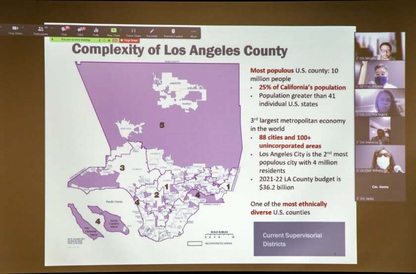 BELLFLOWER, CA - SEPTEMBER 29, 2021: A map of the current Supervisorial Districts are shown during a combination Zoom/ in-person L.A. County redistricting meeting at Clifton M. Brakensiek Library on September 29, 2021 in Bellflower, California. Because of COVID-19 restrictions, only 17 people were allowed in the room. (Gina Ferazzi / Los Angeles Times)