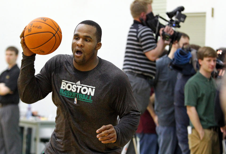 Waltham, MA  ?  With many members of the Fourth Estate present, Boston Celtics power forward Glen Davis found some room to work at driving the lane as the Boston Celtics await their next opponent at their workout facility in Waltham on Wednesday, April 27, 2011. Staff Photo by Matthew West.  (Photo by Matthew West/MediaNews Group/Boston Herald via Getty Images)