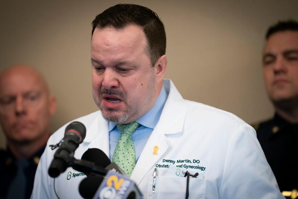 Dr. Denny Martin, president of Sparrow Hospital, gets emotional as he speaks to the media Tuesday, Feb. 14, 2023, the day after a mass shooting on the Michigan State University campus.