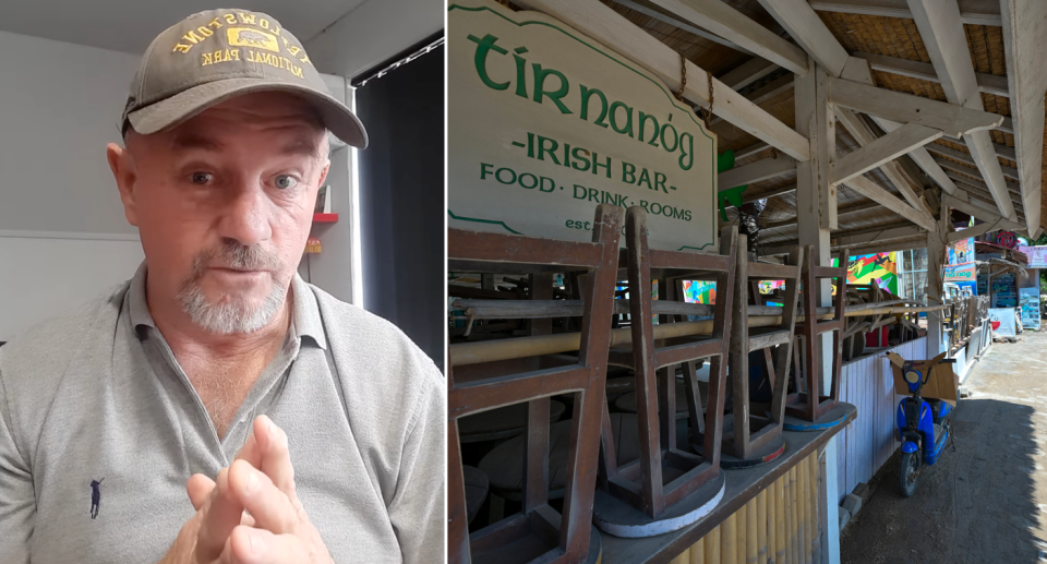 Colin Ahearn (left) and an Irish Bar pictured on Indonesia's Gili T island (right). Source: Facebook/Getty