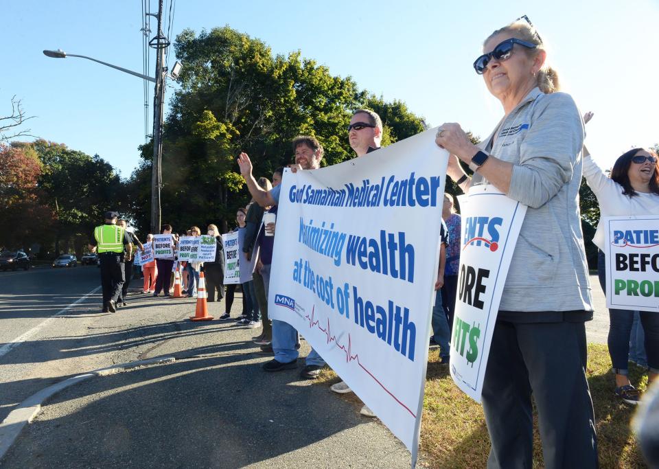 More than 200 people take part in a protest held outside the Brockton Fire Museum on Wednesday, Oct. 6, 2021 over staffing levels at Good Samaritan Medical Center.