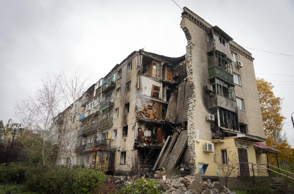 A house damaged by the Russian shelling is seen in Bakhmut, the site of the heaviest battle against the Russian troops in the Donetsk region, Ukraine, Wednesday, Oct. 26, 2022. (AP Photo/Efrem Lukatsky)