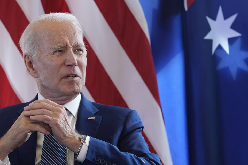 FILE - President Joe Biden answers questions on the U.S. debt limits ahead of a bilateral meeting with Australia's Prime Minister Anthony Albanese on the sidelines of the G7 Summit in Hiroshima, Japan, Saturday, May 20, 2023. As he embarks on his reelection campaign, just 33% of American adults say they approve of President Joe Biden's handling of the economy and only 24% say national economic conditions are in good shape, according to a new poll from The Associated Press-NORC Center for Public Affairs Research. (AP Photo/Susan Walsh, File)