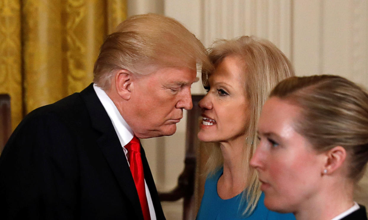 President Donald Trump&nbsp;and adviser Kellyanne Conway. She famously&nbsp;described falsehoods from&nbsp;his White House as &ldquo;alternative facts.&rdquo; (Photo: Kevin Lamarque / Reuters)