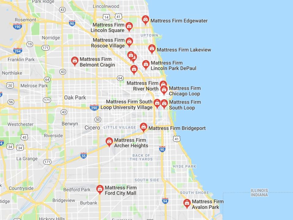 A map showing Mattress Firm locations in Chicago, Illinois