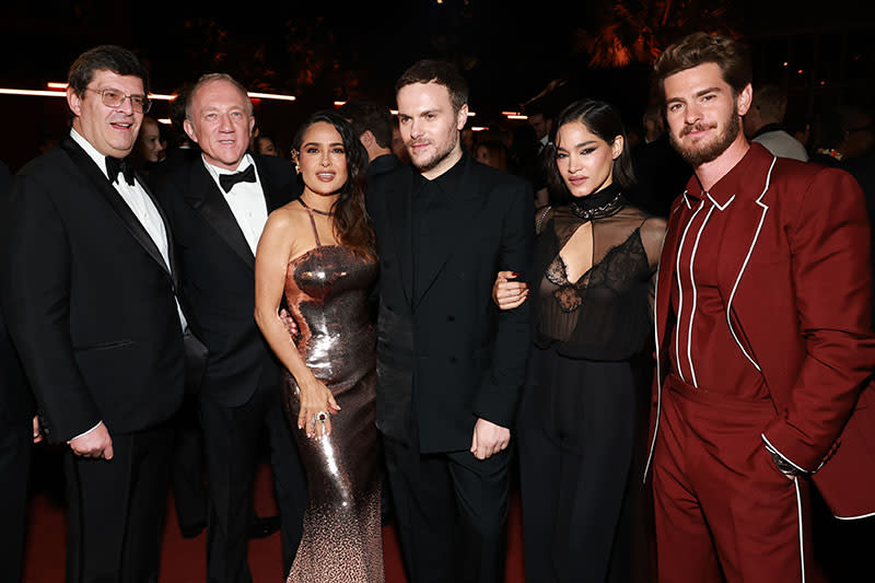 LOS ANGELES, CALIFORNIA - NOVEMBER 04: (L-R) Gucci Global CEO Jean-Fran√ßois Palus, Kering CEO Fran√ßois-Henri Pinault, Salma Hayek, wearing Gucci, Gucci Creative Director Sabato De Sarno, Sofia Boutella, wearing Gucci, and Andrew Garfield, wearing Gucci, attend the 2023 LACMA Art+Film Gala, Presented By Gucci at Los Angeles County Museum of Art on November 04, 2023 in Los Angeles, California. (Photo by Matt Winkelmeyer/Getty Images for LACMA)