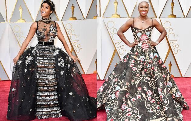 Actress' Janelle Monae and Cynthia Erivo went for black frocks with intricate detailing. Photo: Getty