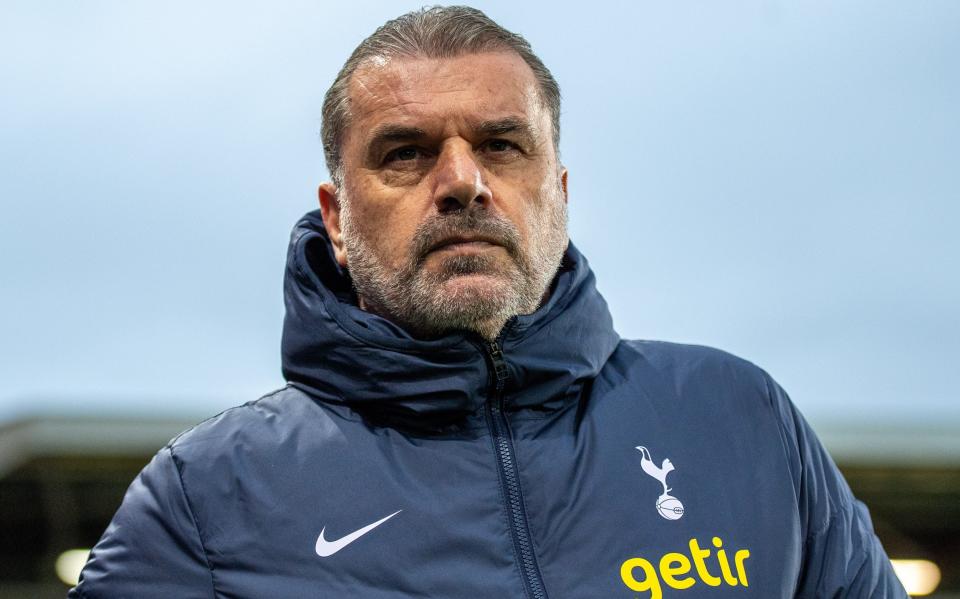 Manager Ange Postecoglou of Tottenham Hotspur looks on during the Premier League match between Fulham FC and Tottenham Hotspur at Craven Cottage on March 16, 2024 in London, England