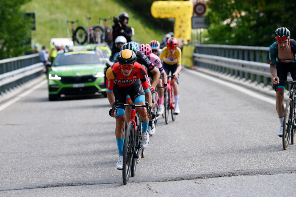 LEUKERBAD SWITZERLAND  JUNE 14 Pello Bilbao of Spain and Team Bahrain Victorious competes in the chase group during the 86th Tour de Suisse 2023 Stage 4 a 1525km stage from Monthey to Leukerbad 1367m  UCIWT  on June 14 2023 in Leukerbad Switzerland Photo by Dario BelingheriGetty Images