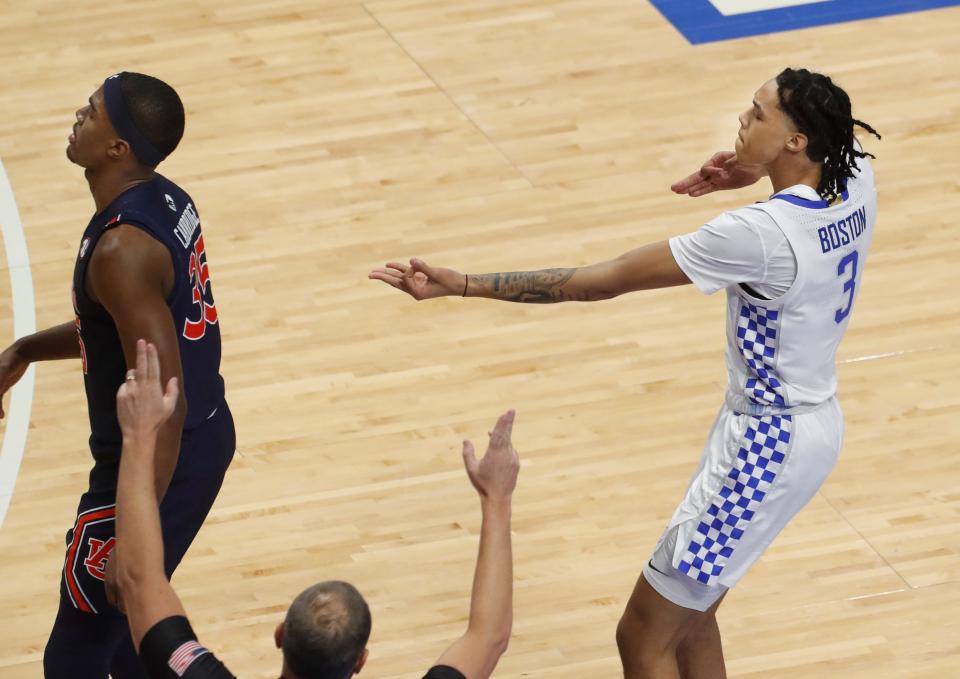 Kentucky's Brandon Boston Jr. celebrates making a shot against Auburn.02/13/21