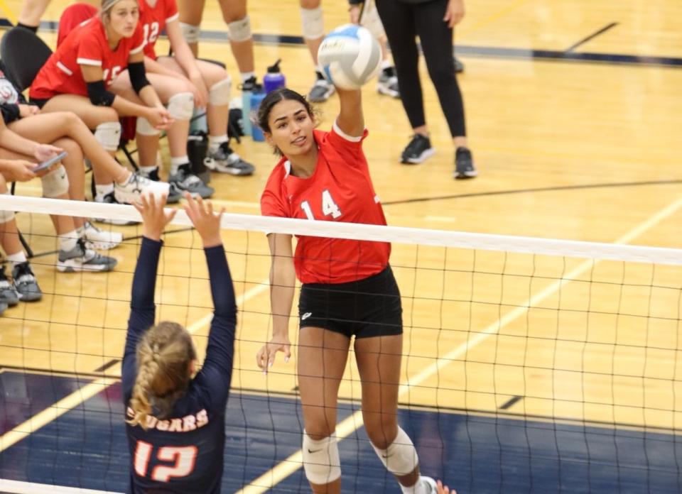 Jaelyn Hall hits for Bedford in the semifinals of the Cereal City Invitational in Battle Creek Saturday.