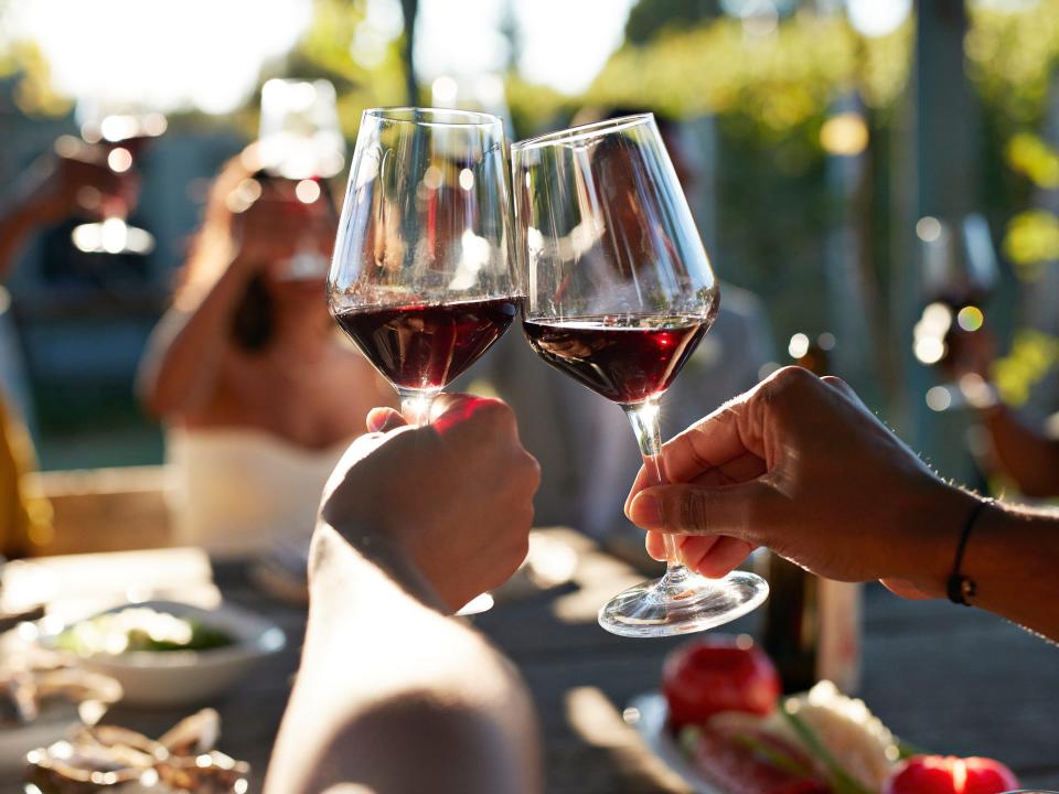 A group of people sitting outside at a dining table while clinking their wine glasses together.
