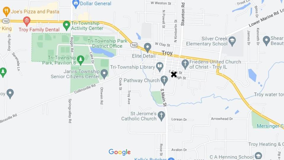 An X marks the location on East Oak Street in Troy, where Richard Maedge lived with his wife, Jennifer. His body was found in the home Dec. 11. The case is under investigation.