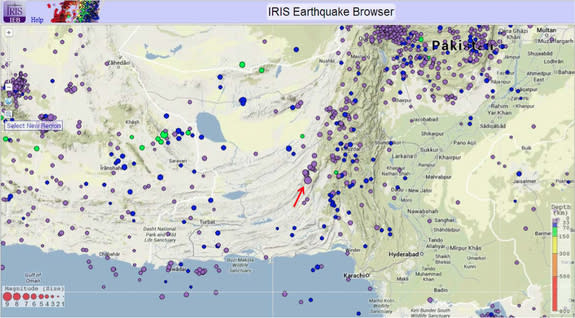 The Sept. 24 Pakistan earthquake epicenter is plotted on the map with regional seismicity since 1990.