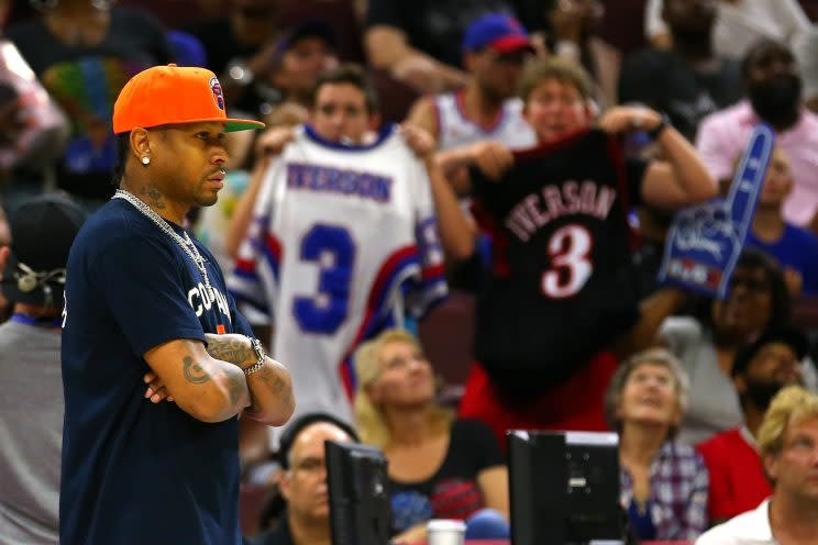 Allen Iverson coaches 3's Company at Sunday's BIG3 event in Philadelphia as fans look on. (Getty)