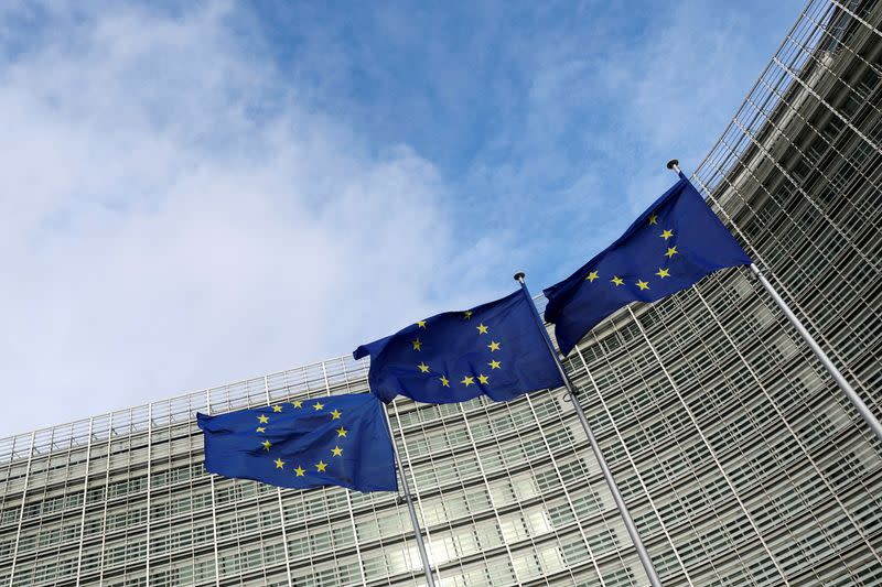 FILE PHOTO: : EU flags fly outside the European Commission in Brussels