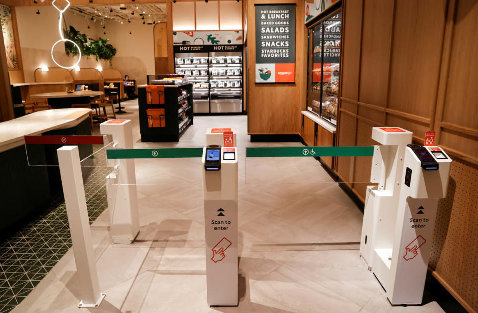 The entrance turnstiles of a new Starbucks store, its first-ever in partnership with Amazon Go.