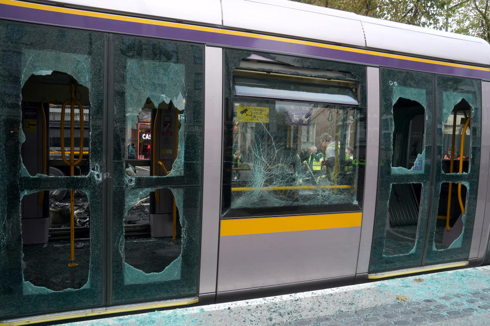 A damaged Luas with smashed windows and covered in debris on O'Connell Street in Dublin, in the aftermath of violent scenes in the city centre on Thursday evening. The unrest came after an attack on Parnell Square East where five people were injured, including three young children. Picture date: Friday November 24, 2023. (Photo by Brian Lawless/PA Images via Getty Images)