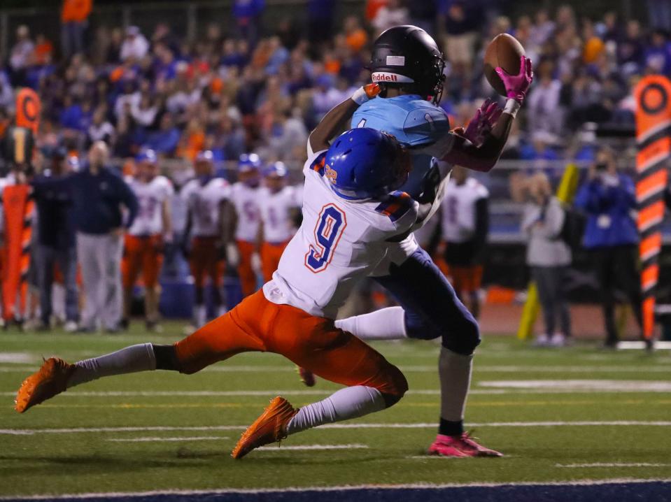Delmar's Ashton Baine (9) can't stop Lake Forest's Darius Miller from scoring on a touchdown reception in the third quarter of Delmar's 30-27 win at Lake Forest High School, Thursday, Oct. 12, 2023.
