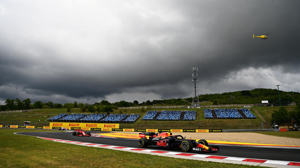 BUDAPEST, HUNGARY - JULY 19: Alexander Albon of Thailand driving the (23) Aston Martin Red Bull Racing RB16 during the Formula One Grand Prix of Hungary at Hungaroring on July 19, 2020 in Budapest, Hungary. (Photo by Clive Mason - Formula 1/Formula 1 via Getty Images)