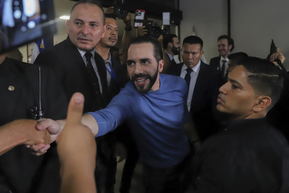 Supporters greet El Salvador's President Nayib Bukele after he presented himself as the presidential candidate for the New Ideas Party in San Salvador, El Salvador, Friday, Oct. 27, 2023. (AP Photo/Salvador Melendez)