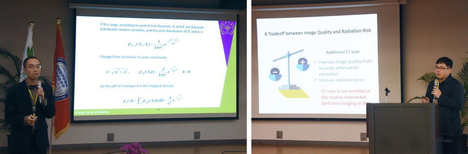 左圖崔博翔教授主講「由回散射進行超音波組織特性分析」。右圖林信宏博士主講「基於學習神經網路的新式單光子斷層掃描之衰減修正方法」。