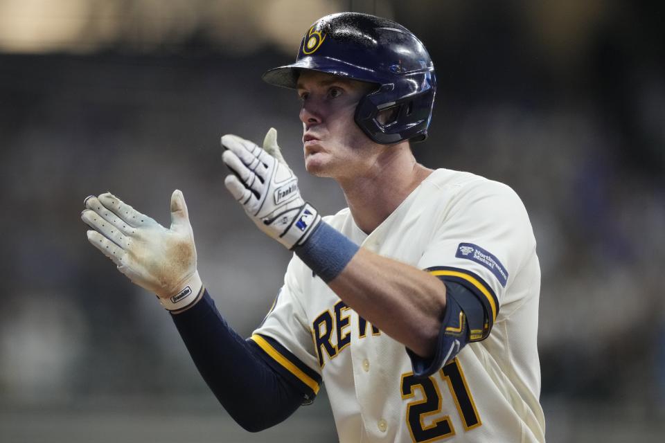 Mark Canha of the Milwaukee Brewers after an RBI single during the eighth inning against the Arizona Diamondbacks in Game 2 of the wild-card series at American Family Field on Oct. 4, 2023 in Milwaukee.
