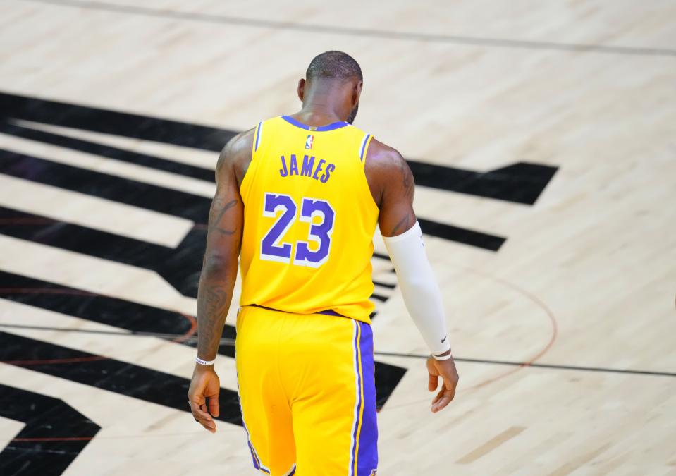 Lakers forward LeBron James reacts during the second half of Game 5 against the Suns.