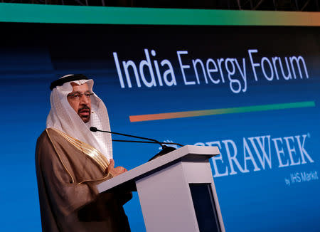 Saudi Energy Minister Khalid al-Falih addresses the gathering during India Energy Forum in New Delhi, India, October 15, 2018. REUTERS/Adnan Abidi