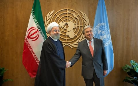 United Nations Secretary-General Antonio Guterres meets with Iran&#39;s President Hassan Rouhani during a bilateral meeting at the United Nations on September 18, 2017 - Credit: Kevin Hagen/Getty Images
