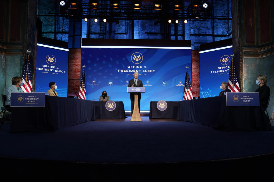 President-elect Joe Biden speaks during an event at The Queen theater, Saturday, Jan. 16, 2021, in Wilmington, Del. (AP Photo/Matt Slocum)