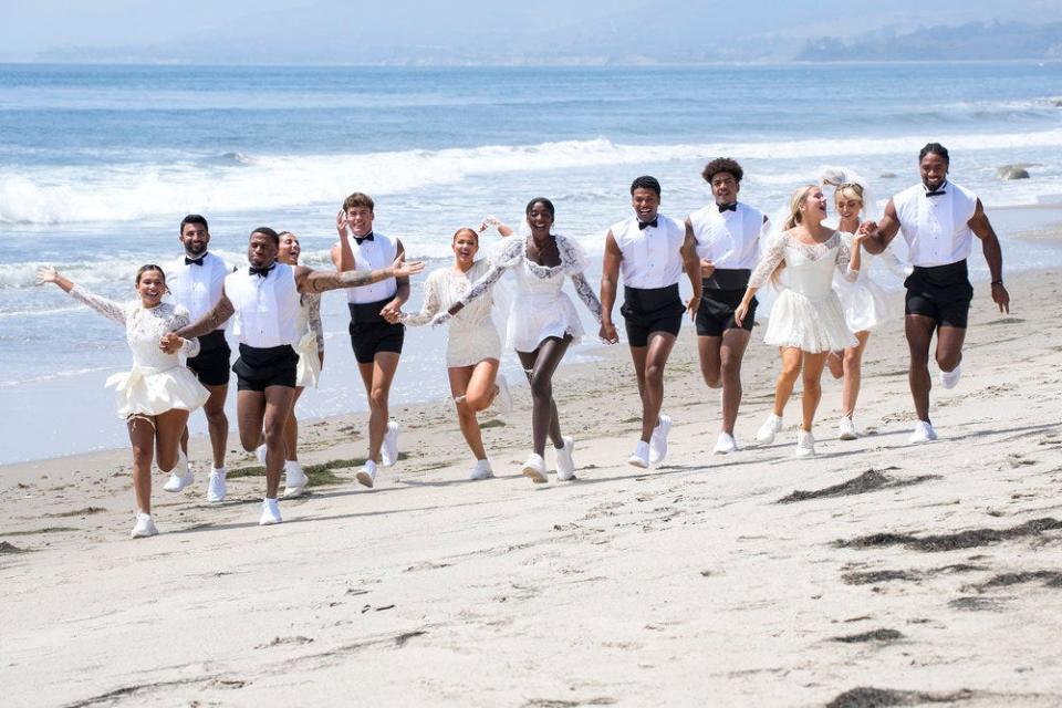 (L-R) Nadjha Day, Joel Bierwert, Jeff Christian Jr., Phoebe Siegel, Isaiah Campbell, Sydney Paight, Zeta Morrison, Timmy Pandolfi, Chad Robinson, Deb Chubb, Mackenzie Dipman and Jesse Bray participate in a "Love Island" challenge.