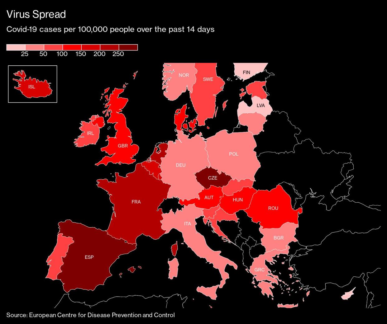 Es España, no Italia, lo que intranquiliza a inversores europeos. El mapa muestra el número de casos de Coronavirus en los diferentes países. Bloomberg. 