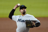 Miami Marlins starting pitcher Pablo Lopez delivers in the second inning of the team's baseball game against the Atlanta Braves on Tuesday, April 13, 2021, in Atlanta. (AP Photo/John Bazemore)
