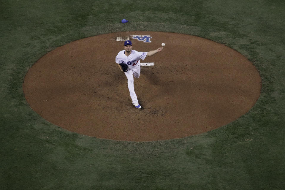 Los Angeles Dodgers starting pitcher Rich Hill throws to the plate during the third inning in Game 4 of the World Series baseball game against the Boston Red Soxon Saturday, Oct. 27, 2018, in Los Angeles. (AP Photo/Mark J. Terrill)