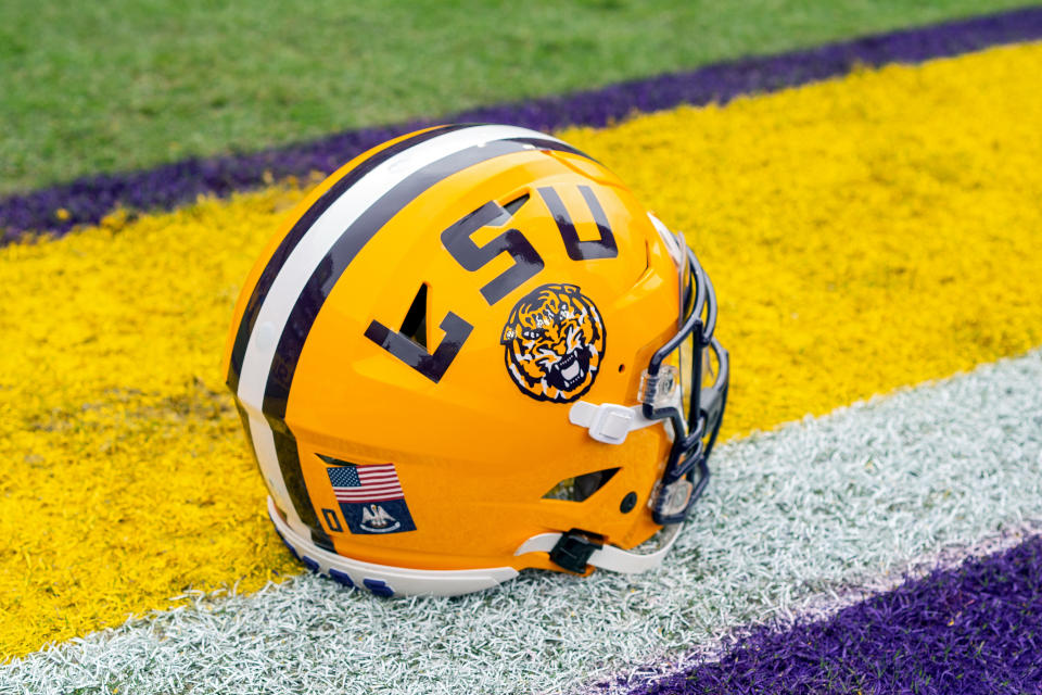 BATON ROUGE, LA - OCTOBER 26: An LSU helmet rests on the sideline before a game between the LSU Tigers and the Auburn Tigers in Tiger Stadium in Baton Rouge, Louisiana on October 26, 2019. (Photo by John Korduner/Icon Sportswire via Getty Images)