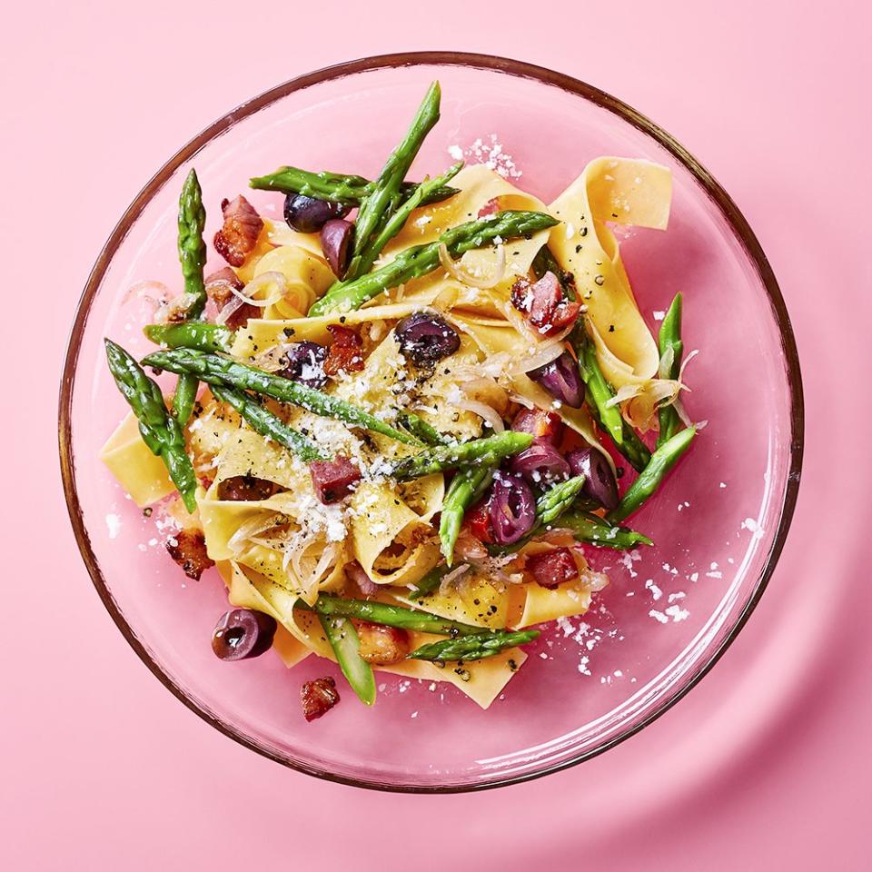 Asparagus, Olive, & Pancetta Pappardelle With Pecorino