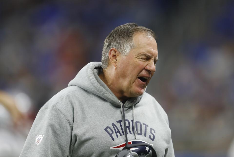 New England Patriots head coach Bill Belichick walks on the sidelines during the second half of an NFL football game against the Detroit Lions, Sunday, Sept. 23, 2018, in Detroit. (AP Photo/Paul Sancya)