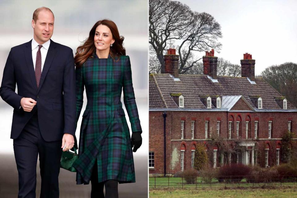 <p>getty (2)</p> Prince William and Kate Middleton; an exterior shot of Anmer Hall in Norfolk.