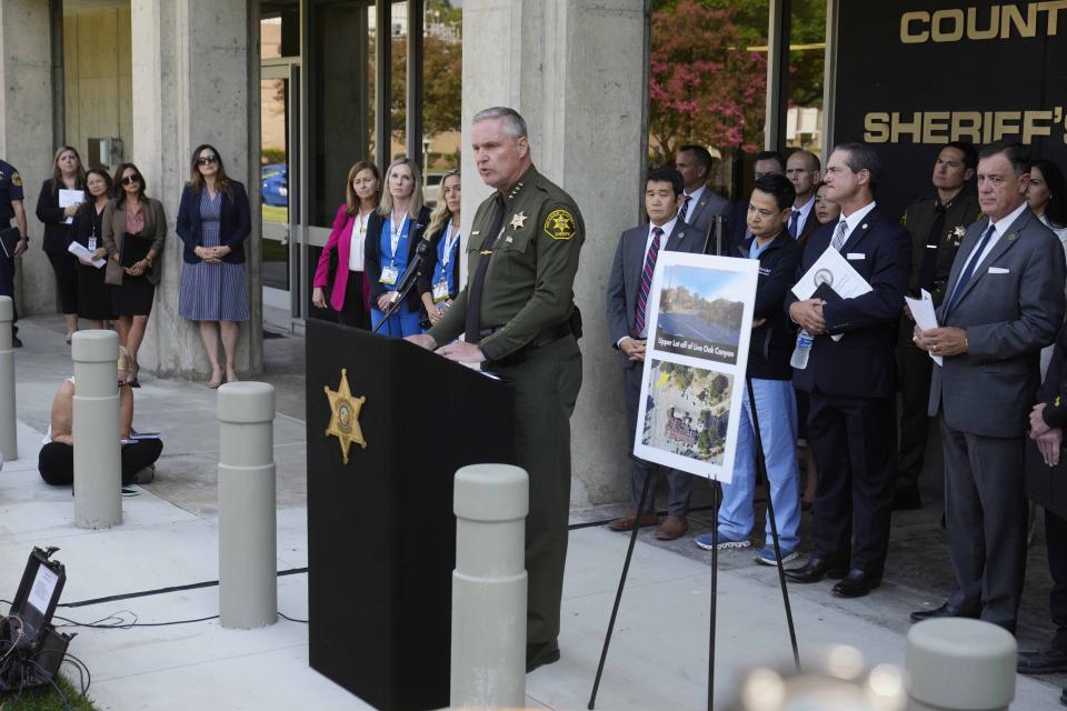 Orange County Sheriff-Coroner Don Barnes comments on the shooting at Cook's Corner, a biker bar in rural Trabuco Canyon, Calif., in Orange County, during a news conference in Santa Ana, Calif., Thursday, Aug. 24, 2023. (AP Photo/Damian Dovarganes)