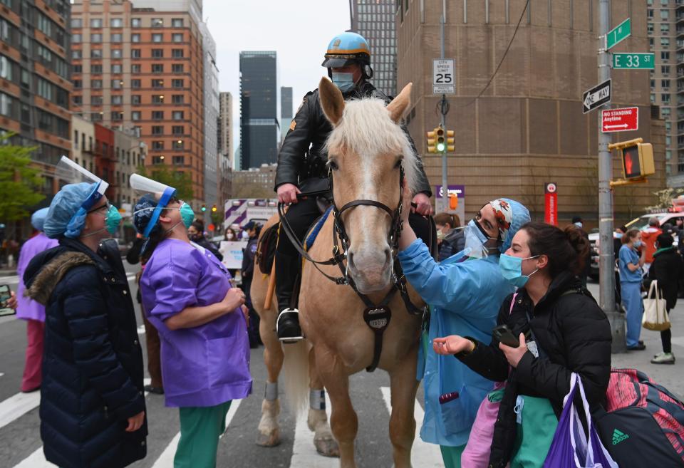 Healthcare workers pet a New York Police Department horse as people cheer and applaud to show their gratitude to medical staff and essential workers outside NYU Langone Health hospital on April 23, 2020 in New York City.