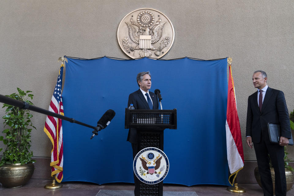 Secretary of State Antony Blinken speaks as he greets staff members of the U.S. Embassy to Egypt, Wednesday, May 26, 2021, in Cairo, Egypt. (AP Photo/Alex Brandon, Pool)