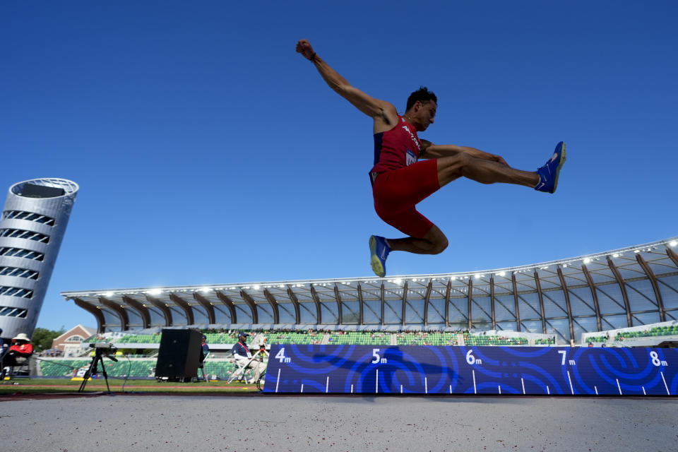 Pierce LaCoste competes in the men's long jump during the U.S. Track and Field Olympic Team Trials Saturday, June 22, 2024, in Eugene, Ore. (AP Photo/Charlie Neibergall)