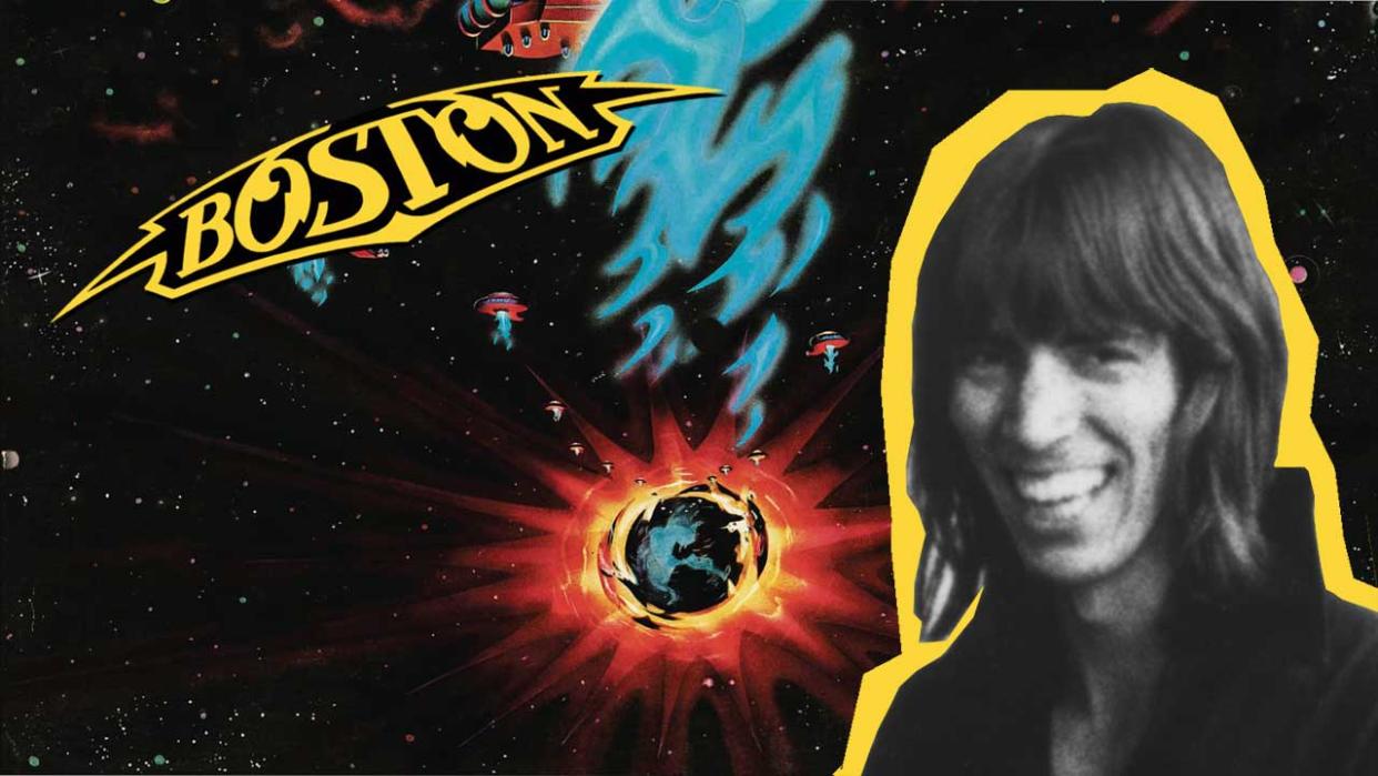  Tom Scholz headshot with the background of the cover of Boston's first album 