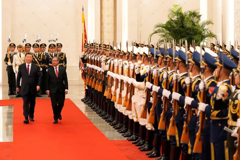 Colombian President Gustavo Petro meets Chinese President Xi Jinping during a welcoming ceremony in Beijing