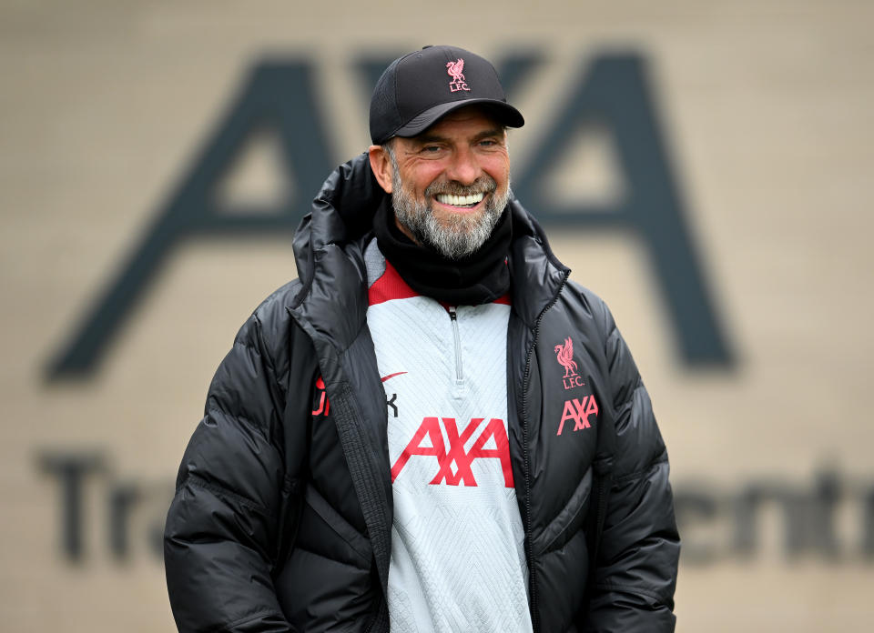 KIRKBY, ENGLAND - MARCH 30: (THE SUN OUT, THE SUN ON SUNDAY OUT) Jurgen Klopp manager of Liverpool during a training session at AXA Training Centre on March 30, 2023 in Kirkby, England. (Photo by Andrew Powell/Liverpool FC via Getty Images)