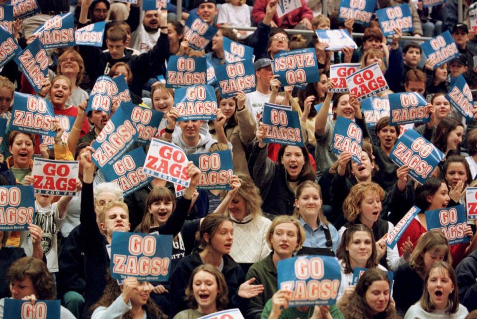 A sea of Gonzaga basketball fans cheer on the Bulldogs during the 1999 NCAA Tournament (AP).