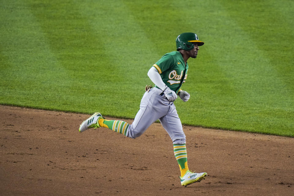 Oakland Athletics' Tony Kemp runs the bases after hitting a three-run home run during the sixth inning of the team's baseball game against the New York Yankees on Friday, June 18, 2021, in New York. (AP Photo/Frank Franklin II)