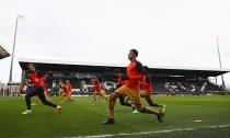 <p>Spurs’ first team warming-up. Pochettino has gone with a full-strength side </p>